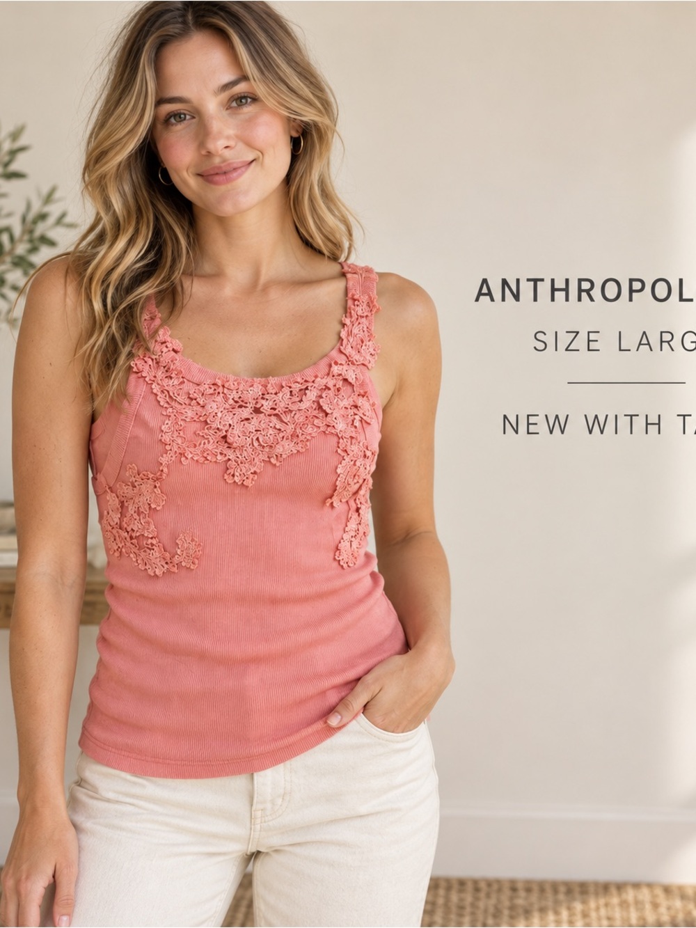 Anthropologie Pink Lace-Trim Ribbed Tank Top large NWT $88.00